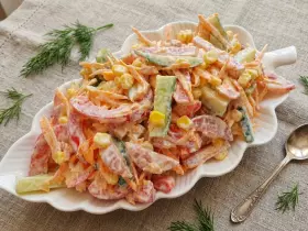 Салат з ковбасою, кукурудзою та овочами