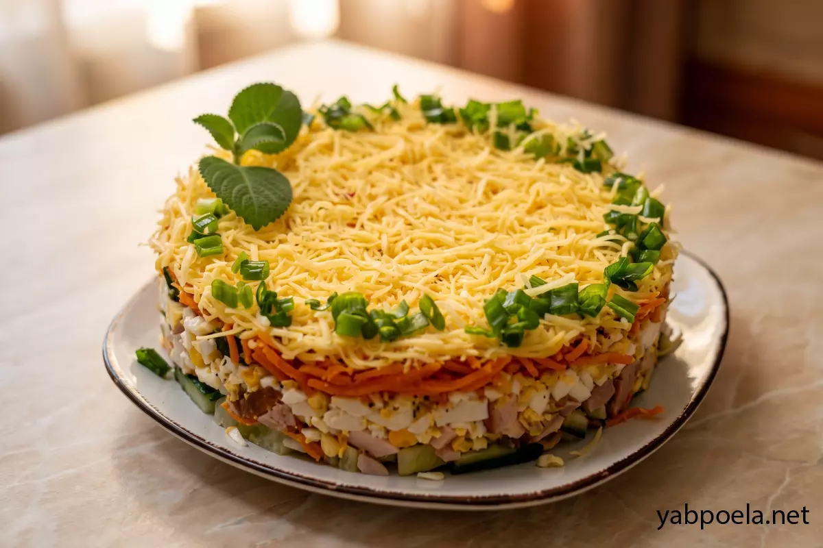 Листковий салат із копченою куркою, морквою по-корейськи та чорносливом
