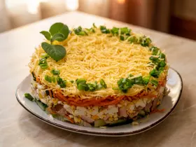 Листковий салат із копченою куркою, морквою по-корейськи та чорносливом