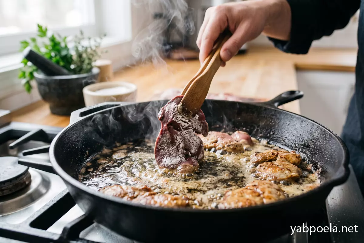 Шматочки печінки в борошні смажаться на сковороді, що шипить.
